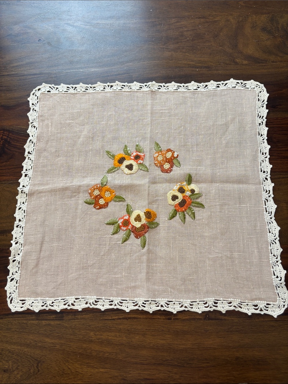 Hand-Embroidered Floral Linen Doily with Crochet Edge Beige w/White - Darling!